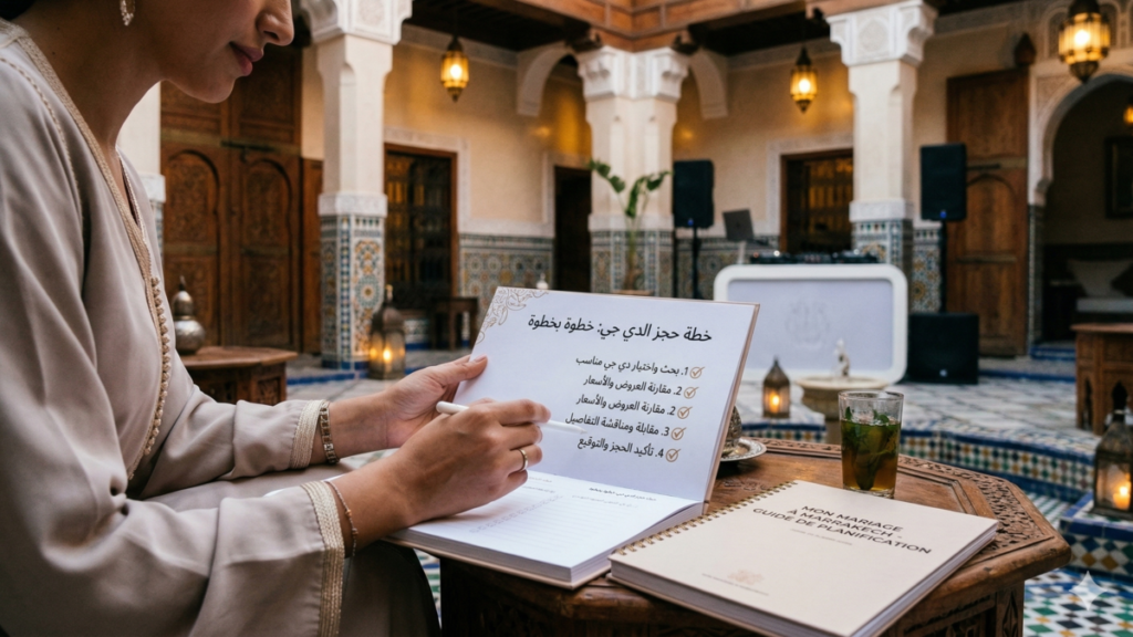 دليل مفصل لمساعدتك في عملية حجز دي جي محترف لحفل زفافك في مدينة مراكش، من البحث إلى التعاقد.